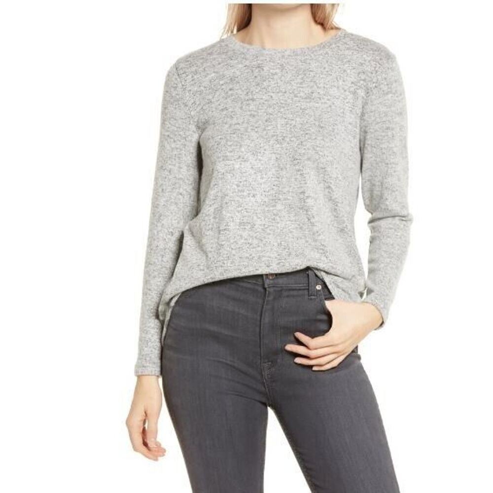Bobeau Womens Marled Front Patterned Back Crew Neck Top in Sage Star Medium‎ $49